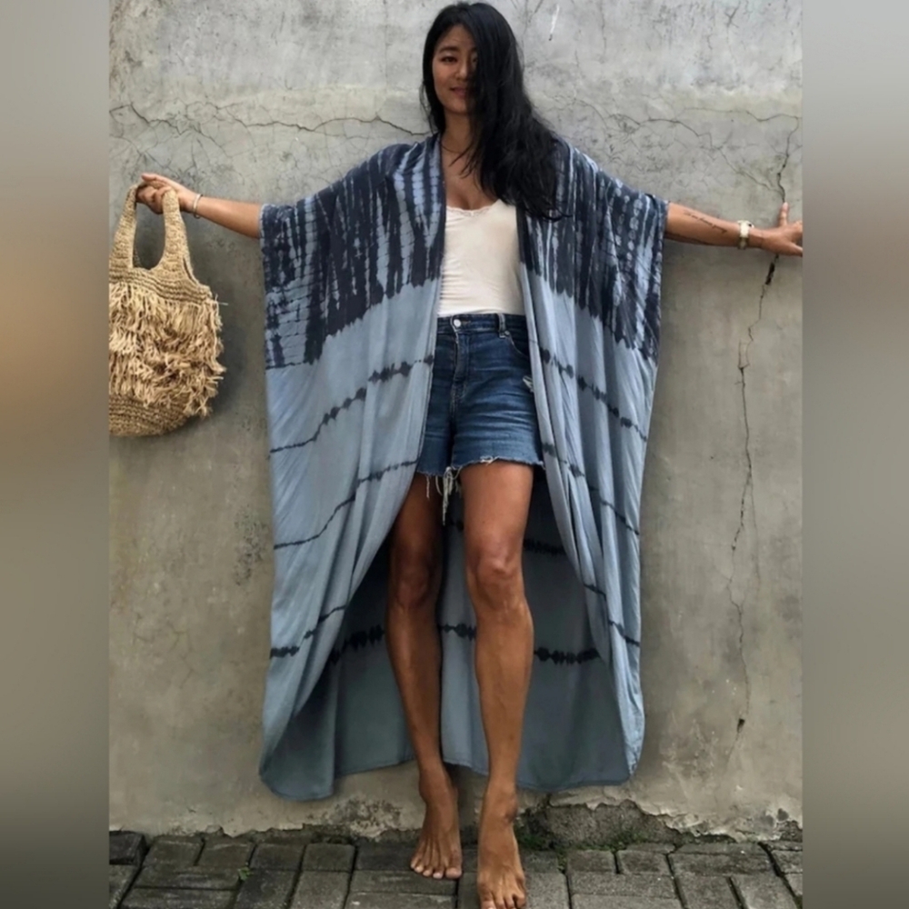 New Gorgeous Boho Tie Dye Kimono Duster Long Blue